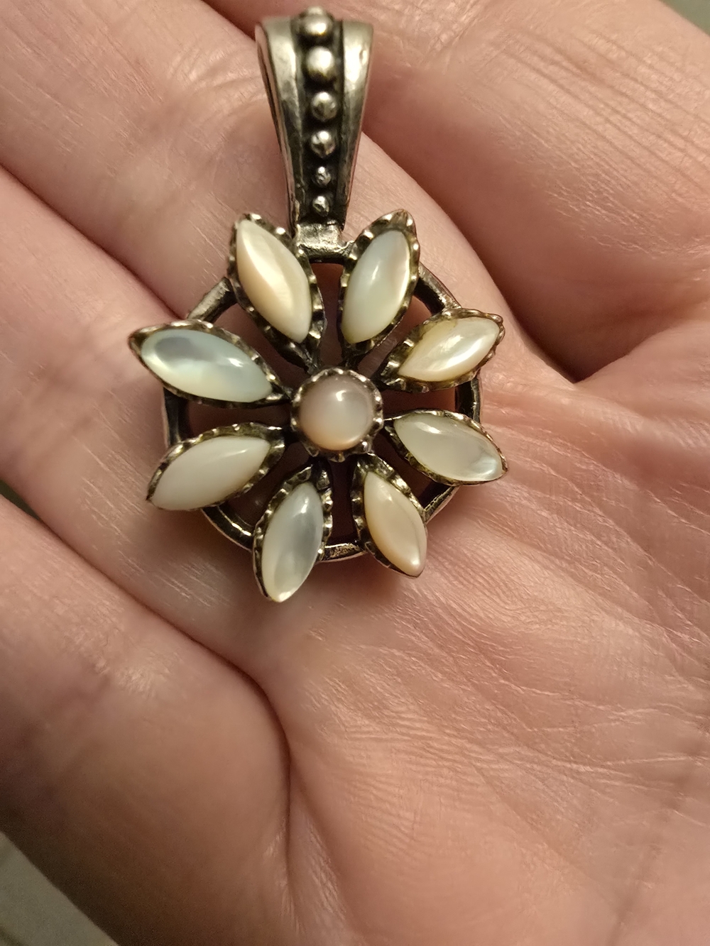 Vintage Mother Of Pearl & Silver Flower Pendant